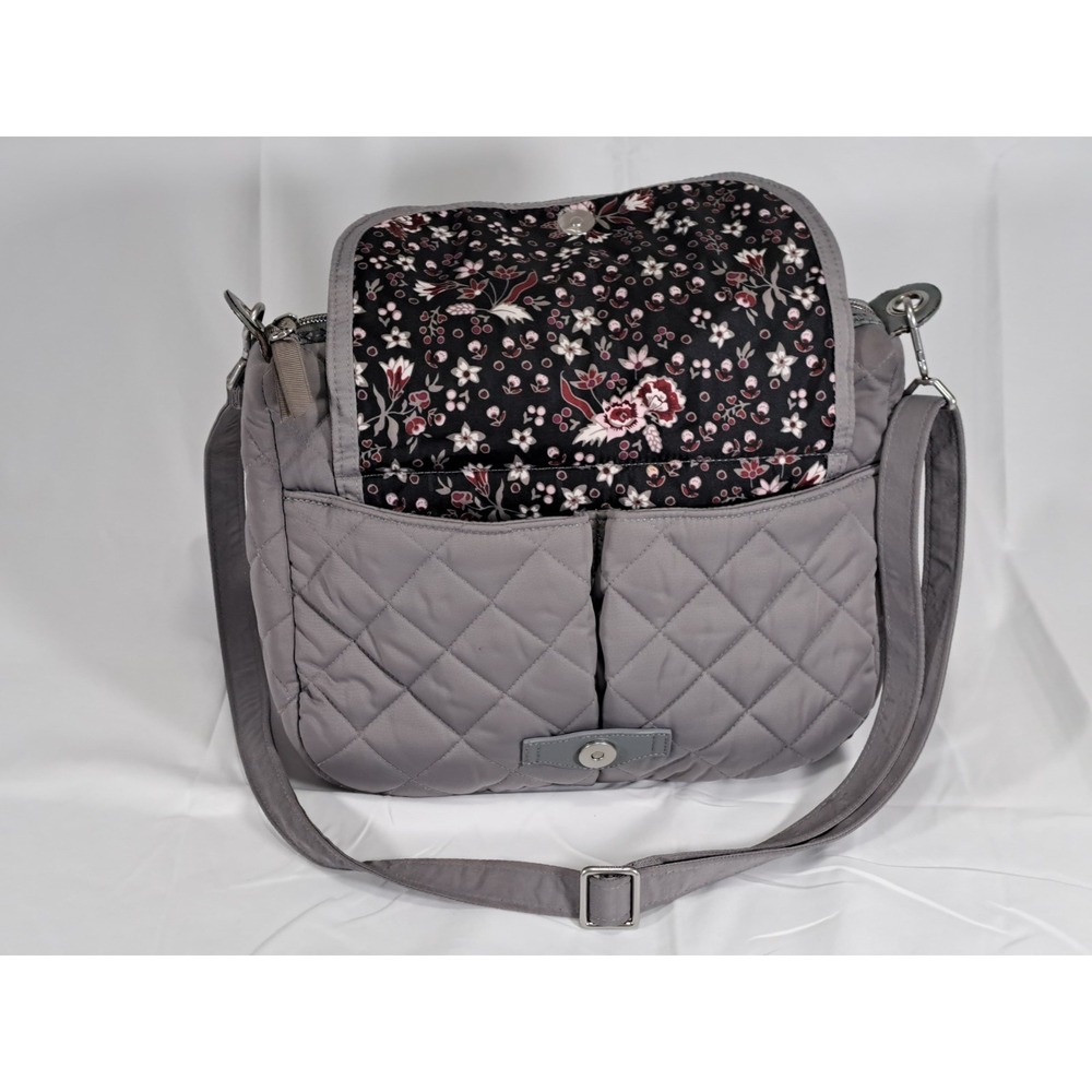 Vera Bradley Gray Quilted Crossbody Bag Floral Lining Adjustable Strap Messenger - Picture 3 of 11